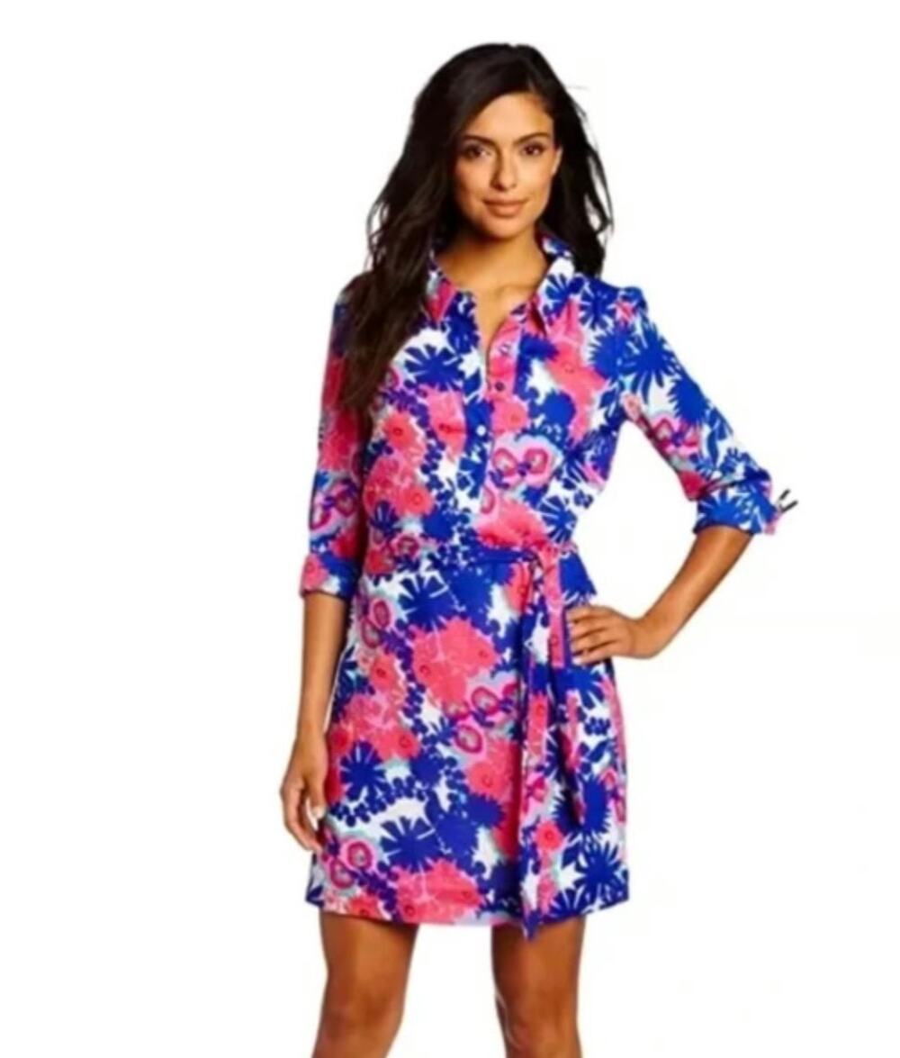 Lilly Pulitzer Womens 10 Blue Floral Collar Tie-Waist Casual Cotton Mini Dress